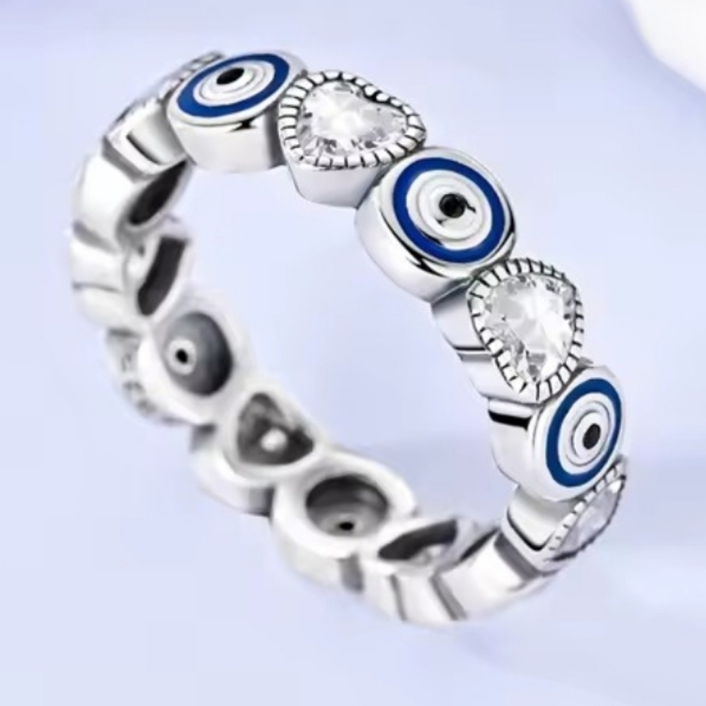 925 Sterling Silver Sparkling Blue Eye & Heart Ring